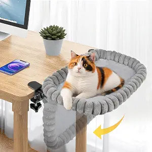 Pawow X-Large Cat Desk Bed - 90 Foldable Space-Saving Cat Beds, 2 Washable Covers (Faux Rabbit Fur & Cool Mesh), Heavy-Duty Frame Supports 40lbs, Easy Install Pet Perch for Office & Game Tables