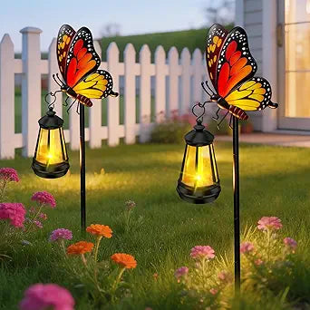 ZFNN Solar Garden Decor Lights Outdoor Waterproof, Metal Butterfly Stakes with Solar Lanterns, Decorative Yard Art for Outside Patio Lawn Ornaments, Gifts for Women Mom2Pack