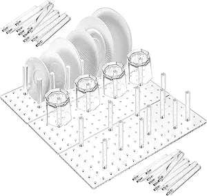 Kigley 3 Pcs Acrylic Pegboard Drawer Organizer with 32 Pegs - 16 x 5.91 in Clear Peg Board System - Drawer Organizers for Dishes, Food Containers, Cookware, Utensils - Kitchen