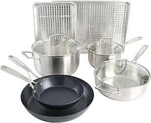 Babish 12-Piece Mixed Material (Stainless Steel, Carbon Steel, & Aluminum) Professional Grade Cookware Set W/Baking Sheets