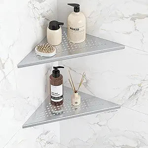 Qeke Corner Shower Shelves, 10 Recessed Tile Shower Shelf Brushed Nickel, 304 Stainless Steel Grout in Corner Tile Bathroom Shelves, No Drilling, 2 Pack