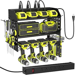 SUNALLY Power Tool Organizer Wall Mount with Charging Station,3 Layer Heavy Duty Metal Tool Storage Rack with 4 Drill Holders, Power Tool Shelf for Garage, Warehouse, Workshop, Gifts for Men, Husband