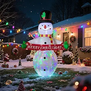 6ft LED Inflatable Christmas Snowman Outdoor Decoration, Musical Rotating Lights, Merry Christmas Banner, Easy Setup