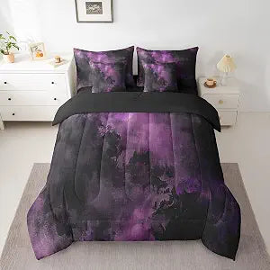 Feelyou Abstract Gothic 7 Piece Bedding Set Full Size Purple Black Damask Bed in a Bag for Girls Women Modern Abstract Art Comforter Set with Sheets Soft Microfiber