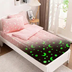 Meeting Story Fluffy Twin Zipper Bedding Kids Star Moon Glow in the Dark Comforter Set for Girls(Pink,Twin)