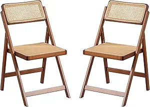 Furlide Rattan Folding Chairs, Modern Mid Century Dining Chairs Set of 2, Outdoor Bamboo Chairs for Bedroom Living Room Reading Room Dining Kitchen, Walnut