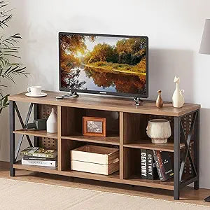 LVB TV Stand for 75 Inch TV, Large Industrial Rustic Entertainment Center with Storage Shelves, Long Modern Wood Metal Television Stand with TV Table Cabinet for Home Living Bedroom, Rustic Oak, 63 In