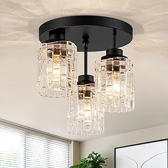 3-Lights Semi Flush Mount Ceiling Light Fixture,Matte Black Kitchen Ceiling Light with Glass Shades,Hallway Light Fixtures Ceiling Mount for Foyer Entryway Bathroom