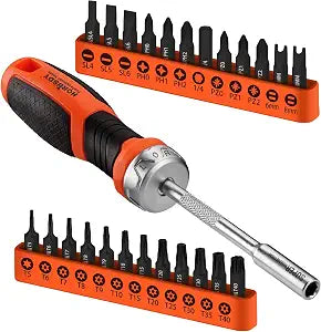 HORUSDY 25-Piece Security Torx Screwdriver Bit Set | T5-T40 Torx Bit Set 1/4 inch Ratcheting Magnetic Bit Driver | 12Pcs T-Drive Bits and 12Pcs Common Bit