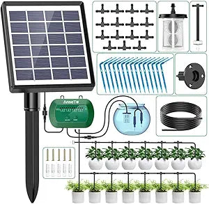 Solar Drip Irrigation System, Automatic Watering Kit with Split Design & Anti-Siphon Valve, 12 Modes Garden Irrigation System with 49ft Hose for 15 Potted Plants, Patio, Balcony & Greenhouse