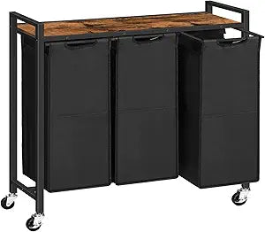 HOOBRO Laundry Sorter 3 Section, Laundry Hamper with Wheels, 3 11.5 Gal (43.5 L), Rolling Laundry Basket, Pull-Out and Removable Oxford Fabric Laundry Bags, Rustic Brown and Black BF76XY01