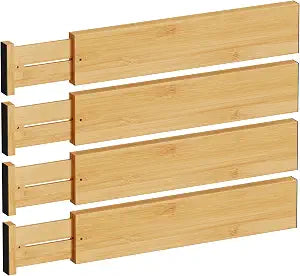 BAMEOS Bamboo Expandable Drawer Dividers Fits 16.65"22" Drawers, 4" Extra Deep Walls, Set of 4 | Maximum-Height Spring-Loaded Organizer for Deep Kitchen, Bathroom & Dresser Drawers