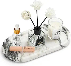 Natural Marble Vanity Tray - Moujings Genuine Marble Perfume Tray for Bathroom Decor, Stone Bathroom Vanity Organizer Tray for Kitchen Counter, Candles, Jewelry, Coffee, Makeup, Key