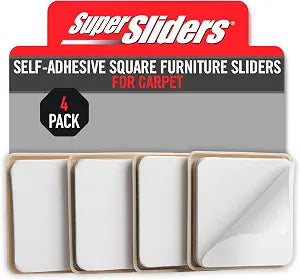 Super Sliders 1" Self-Stick Square Furniture Sliders for Carpet and Hard Surfaces, Anti-Slip Adhesive Furniture Moving Pads for Beds, Sofas, Dressers, Set of 4, Beige