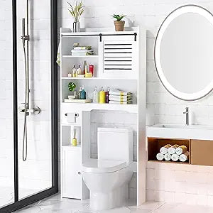 Over The Toilet Storage Cabinet, Bathroom Storage Cabinet Organizer, Above Toilet Rack with Door and Adjustable Shelves, Space Saver for Restroom, Laundry (White Right Side)