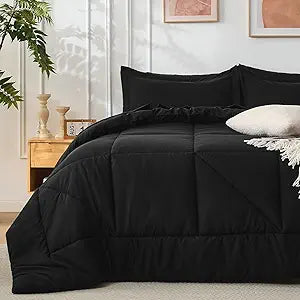 Full Comforter Set, 7-Piece Quilted Bed in a Bag, Black
