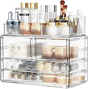 ZHIAI Stackable Storage Drawers, Acrylic Bathroom Counter Organizer Clear Makeup Organizers for Vanity, Kitchen Cabinets, Bathroom, Undersink, Home Organization and Storage (1 Top 4 Drawers D)