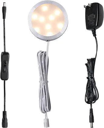 AIBOO 12V LED Under Cabinet Puck Lights Plug in, with Manual Switch, Single Puck LED Light for Closet,Counter,Showcase,12Vdc Low Voltage Wall Plug (Warm White)