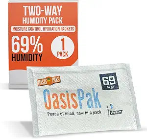 OasisPak 69% RH Two-Way Humidity Control Packs (1 Pack) - 67 Gram Packs | Maintain Humidty, Freshness, Flavors & Aromas | Salt-Free, Leak-Proof Moisture Absorbers for Storage Cases & Containers