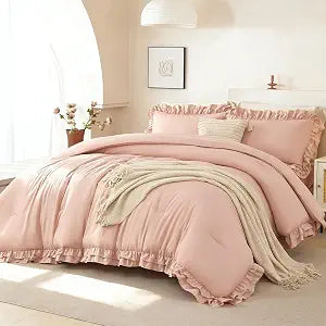 PERFEMET Ruffle Comforter Set Twin, 5 PCS Blush Pink Ruffled Bedding Set Soft Fluffy Shabby Cihc Bedding, Coquette Bed Set All-Season for Girls Women (Pink, Twin)