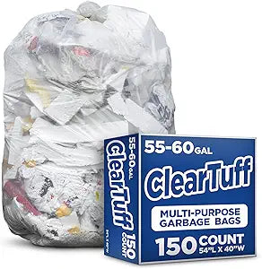 Stock Your Home 55-60 Gallon Clear Trash Bags (150 Pack) Disposable Leak-Resistant Garbage Can Liners for Office, Bathroom, Deli, Produce, Dog Poop, Cat Litter