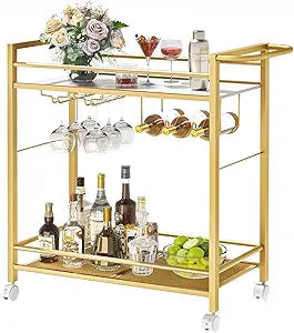 Bar Cart,Home Bar Serving Cart with Storage Shelves, 2 Tier Rolling Beverage Cart with Wheels, Modern Flowing Gold Wine Cart with Wine Rack and Glass Holder for Kitchen, Dinning Room,Living Room
