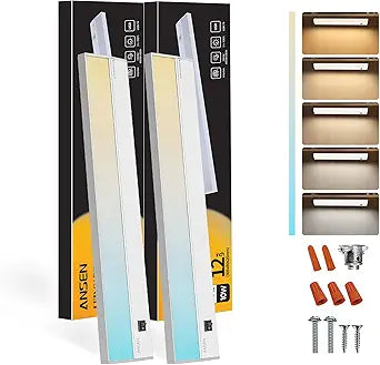 Ansen 2Packs of Under Cabinet Lighting Hardwired, 12in 10W 666LM Dimmable Led Light for Kitchen/Closet, CRI 92+, R9 90+, 5 Color Temperature, 2700K-5000K(Warm White, Cool White, Daylight)