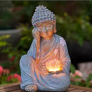 Buddha Statue Outdoor with Lotus Flower Light, IP65 Waterproof Solar Statue Lights, Outdoor Statues for Garden, Zen Decor for Garden, Home, Patio, Lawn