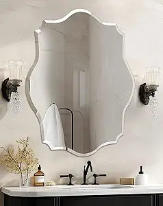 Frameless Scalloped Wall Mirror: Decorative Scallop Oval Mirrored Glass Vanity with Beveled Silver Edge for Bathroom Bedroom Livingroom Dining Room Entryway Hallway, 32 x 24 inch