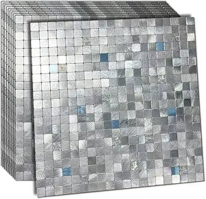 XUANINY Self-Adhesive Metal Backsplash, Peel and Stick Tile for Kitchen Brushed Aluminium Surface backsplash (11.73"x11.73",10) (10 Frosted Silver+Relief)