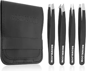 4Piece Set of Professional Tweezers for Women Facial Hair, Black Stainless Steel Precision Tweezer for Ingrown Hair, Eyebrow Tweezers for Men Comes in Carrying Pouch (Black)