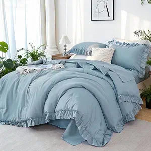 ZRNBAST Blue Ruffle Comforters Full Size 5 Pieces Ruffled Shabby Chic Bed in A Bag Solid Boho Farmhouse Bedding Comforter Sets Soft Microfiber All Season Fluffy Bed Sets for Kids Girl