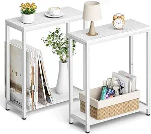 SLEEPING LAMB Narrow End Tables Living Room Set of 2 Small Side Table for Small Space, 2 Tier Slim Skinny Night Stand for Bedroom, Couch Beside Nightstands, White