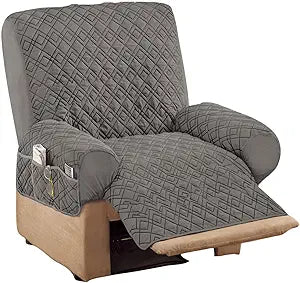 Collections Etc Diamond-Shape Quilted Stretch Recliner Cover with Storage Pockets and Elastic Straps - Furniture Protector
