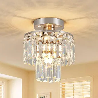 Crystal Ceiling Chandelier,Mini Chandelier Light Fixture with K9 Crystals,Brushed Nickel Finish for Living Room Entryway Bedroom Laundry Room,1-Light E26 Base