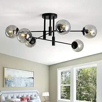 6-Lights Glass Globe Sputnik Chandelier Modern Flush Mount Ceiling Light Fixture Black Farmhouse Lighting for Dining Room Living Room Bedroom Kitchen Passageway.