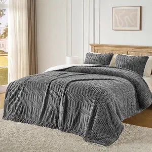 Grey Queen Comforter Set, Soft Fleece Plush Bedding Set with 2 Pillow Shams, Cozy Warm Fluffy Bed Set for Winter, Boho Farmhouse Bedroom Decor
