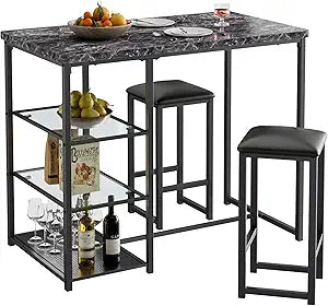 VECELO Small Bar Table and Chairs Set for 2, Upholstered Stools & Glass Storage Shelves, for Kitchen Dining Breakfast Nook, Space-Saving, Faux Marbled & Black