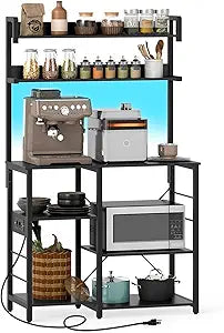 Giantex Bakers Rack with Power Outlet and LED Lights, 7-Tier Microwave Stand with Storage Shelves for Spices, Pots, Pans, Coffee Bar Station for Kitchen Dining Room Living Room (Black)