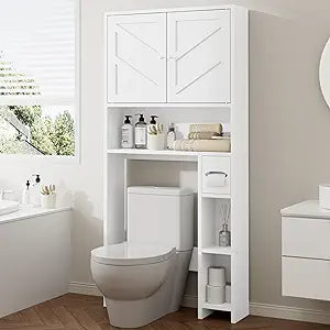 Bathroom Storage Cabinet Over Toilet with Toilet Paper Holder Stand, Freestanding Bathroom Storage Organizer Cabinet Space Saver W/Adjustable Shelf, White