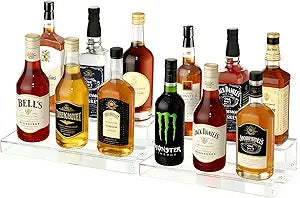 JUESHA 2 Tiers Bar Shelves for Liquor Bottles, 15" Bar Organizer for Countertop, Clear Acrylic Risers Display Racks Stands for Figures Pops Cupcake Perfume Collections (Patent: D1076520S)