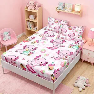 HOSIMA Kids Girls Axolotl Fitted Sheet Twin,1 Fitted Sheet+2 Pillowcases.