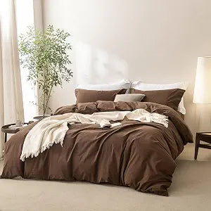 BDEAR 3 Pieces Cocoa Brown Duvet Cover Set Queen Size 90'' L x 90'' W, 100% Washed Cotton Duvet Cover with Zipper Closure Plus 2 Pillowcases, Oeko TEX Standard 100 Certificated, Cozy Feel