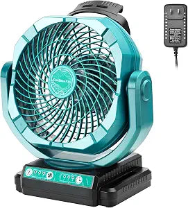 Battery Powered Fan Compatible with Bosch 18V Battery Portable Fan with AC Adapter, Variable Speed, Timer Settings, Portable Cordless Fan for Camping, Jobsite