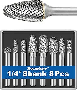 Sworker 8Pcs Carbide Burr Set 1/4 Shank w/Clear Box Max Head Dia 10mm Die Grinder Bits Rotary Tools Attachment Kit Rasp Accessories Metal Wood Stone Steel Grinding Deburring Cutting Porting Carving