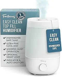 Fontaines Luxury Top-Fill Humidifiers for Bedroom, Cool Mist 360┬░ Ultra-Fine Spray, Whisper-Quiet, Dishwasher-Safe Tank, Nightlight & Auto Shut-Off, Easy Clean Baby Nursery