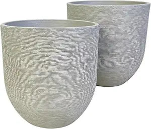 10 inch Plant Pots Stone Finish Lightweight Flower Planter with Drainage Hole for Outdoor Garden Patio Indoor Greenery, Set of 2 (Light Grey)