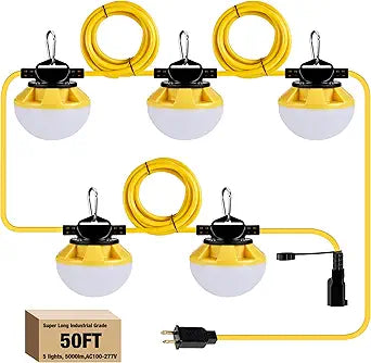 LED Construction String Light 50FT, 50W 6000Lm,18AWG Wire,5000K Linkable String Work Lights with 5 Bulbs & Hooks, Industrial Temporary Lighting for Construction Site, Crawl Space,Job Site,Attic