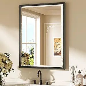 Keonjinn 24" x 32" Black Mirror for Over Sink, Black Bathroom Vanity Mirror, Tempered Glass Beveled Edge, Aluminum Alloy Wide Framed, Lightweight, Rectangular Modern Farmhouse Mirrors for Wall Decor