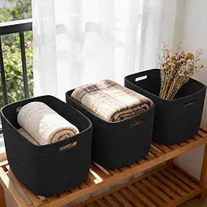 3 Pack Woven Rope Storage Baskets for Organizing,13.5"11"9.5" Storage Bins for Shelves,Perfect for Toys,Books,Towels,Clothes,Empty Gift Baskets for Nursery,Living Room&Bedroom(Black)